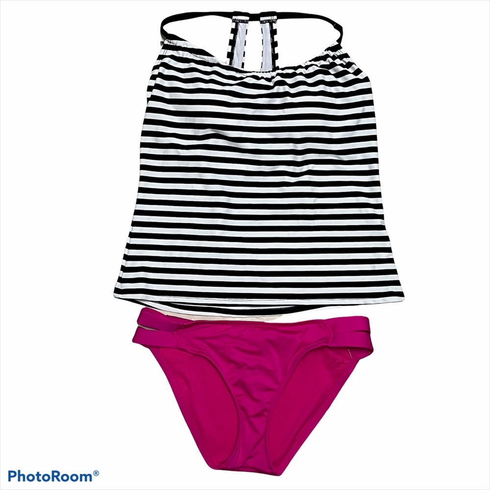 Kona Sol Black White Striped Racerback Tankini Top Hot Pink Bikini Bottom